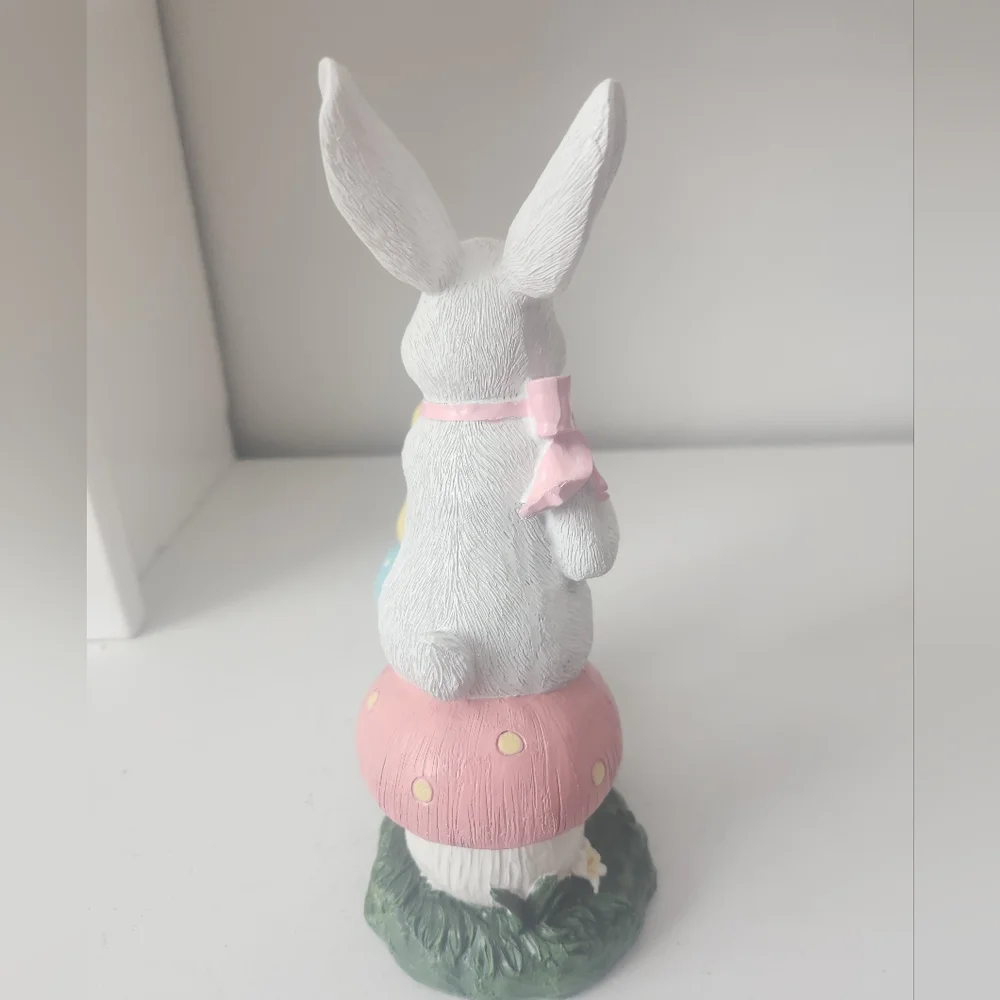 White Rabbit and Yellow Chick Sitting On Mushrooms Having Tea Figurine Resin - Picture 8 of 10